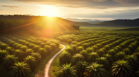 Palm oil plantation at sunset. Beautiful landscape with palm tree plantation.の素材