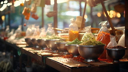 Spices and herbs in metal bowls on the counter of a marketの素材