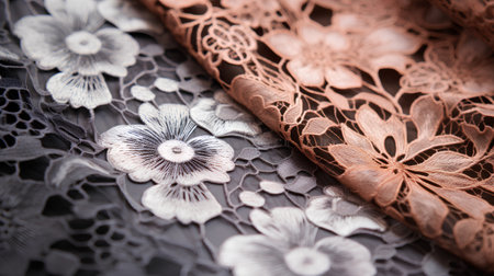 Closeup detail of beige lace fabric with flowers. Selective focus.の素材