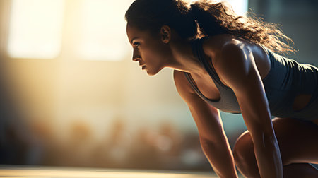 Sporty young woman doing push-ups in gym. Fitness and healthy lifestyle concept.の素材