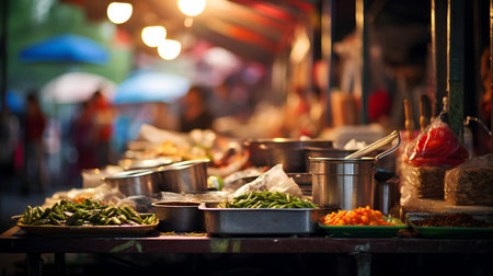 Street food stall at night market in Bangkok, Thailand. Thai street food.の素材