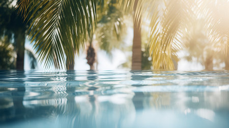 Tropical palm tree leaves with reflection in swimming pool background.の素材