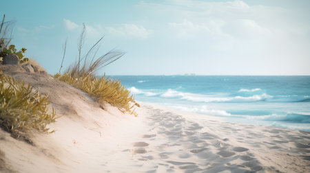 Sand dunes on the beach with blue sea and sky background.の素材