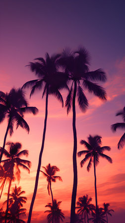 Silhouette palm tree on sunset sky background - Vintage filter effectの素材