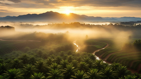 Aerial view of palm trees and terraced rice fields in morning lightの素材