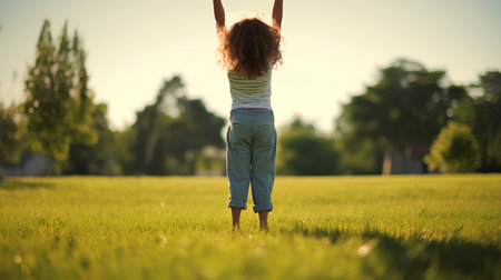 Back view of young woman with raised hands on green meadow at sunsetの素材