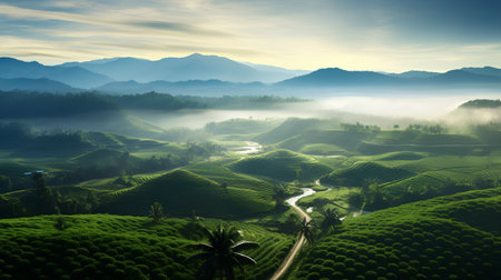 Beautiful landscape of tea plantation in the morning at sunrise. Nature backgroundの素材