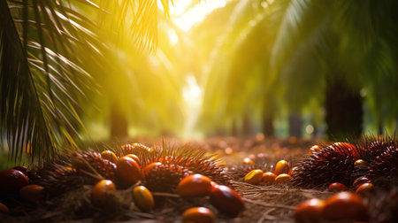 Palm tree and oil palm fruit on the ground with sunlight.の素材