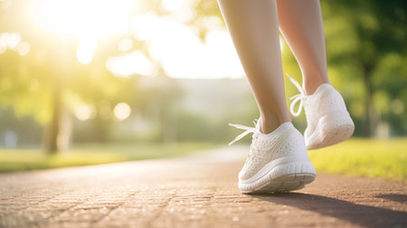 Close up of female legs in white sneakers running in the park.の素材