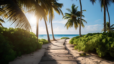 Wooden path to the beach with palm trees and sand dunesの素材
