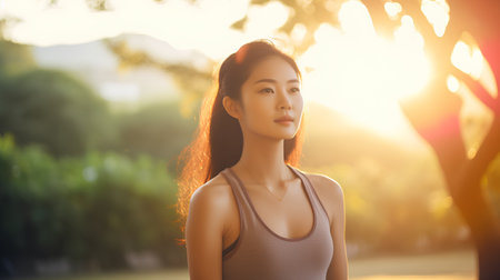 Portrait of beautiful asian woman in sportswear in the parkの素材
