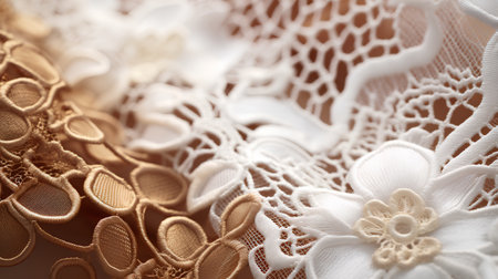 Closeup detail of beige and white lace fabric texture background.の素材
