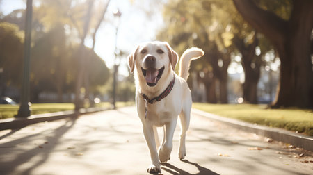Labrador retriever running in the park on a sunny day.の素材