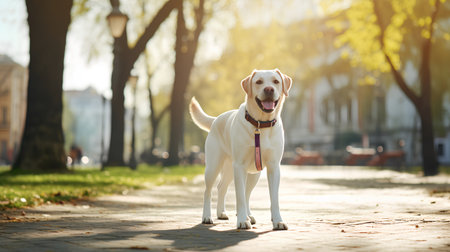 Cute yellow labrador retriever dog walks in the park.の素材