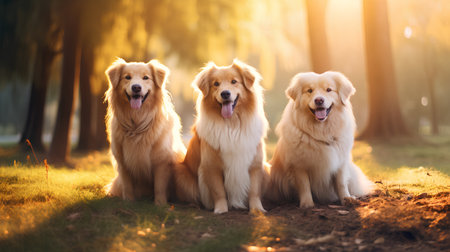 Three golden retriever dogs sitting in the park at sunset time.の素材