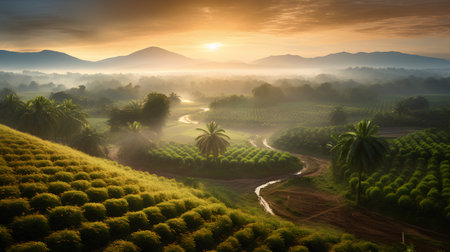 Beautiful sunrise over the tea plantation in the morning, Kerala, Indiaの素材