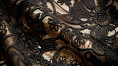 Black lace on a brown background. Close-up. Texture.の素材