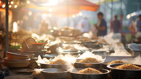 Bowls of steamed rice at street food market in Thailandの素材