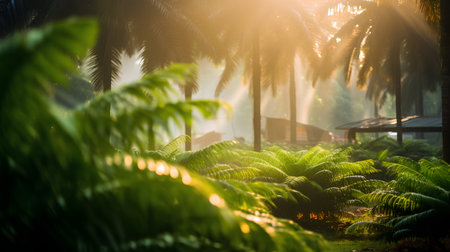 Beautiful tropical garden with palm trees and sunlight. Nature background.の素材
