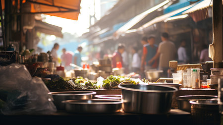 Thai street food market in Bangkok, Thailand. Blurred backgroundの素材