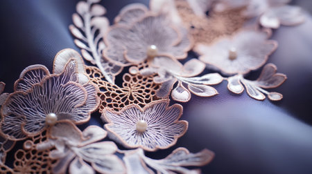 Fabric texture with lace. a fine open fabric, typically one of cotton or silk, made by looping, twisting, or knitting thread in patterns and used especially for trimming garments.の素材