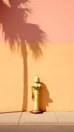 Yellow fire hydrant on the background of the orange wall and palm shadowの素材