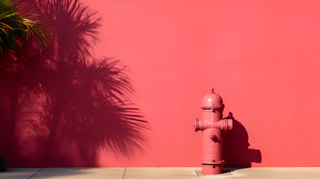 Red fire hydrant on the background of a red wall with palm leavesの素材