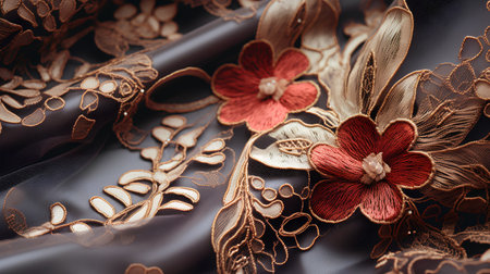 Texture, background, pattern. Silk fabric is brown with a floral pattern. It is decorated with red flowers.の素材