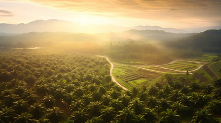Aerial view of beautiful sunrise over palm plantation in the morning.の素材