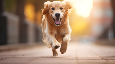 Portrait of a golden retriever dog running on the street.の素材