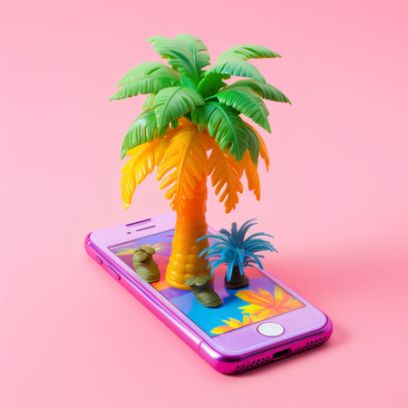 Mobile phone with palm trees on a pink background. 3d illustrationの素材