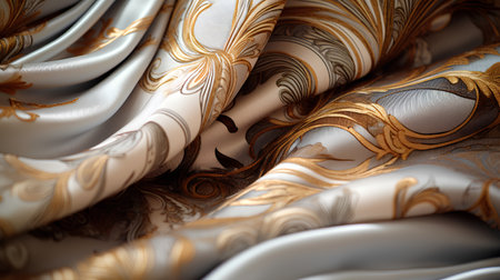Texture, background, pattern, silk fabric with a golden pattern. This is a detailed close-up of the satin fabric pattern.の素材