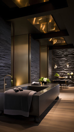 3d rendering of modern luxury bathroom with black and white brick wallの素材