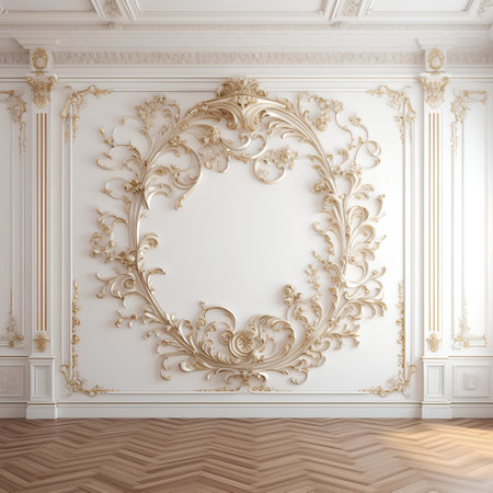 Classic white wall with mouldings,ornate elements and parquet floor.Digital Illustration.3d renderingの素材