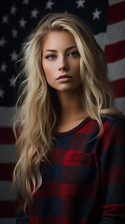 Portrait of beautiful young woman with blond hair and makeup. American flag background.の素材