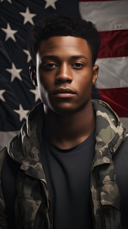 Portrait of young handsome african american man in military uniform on American flag backgroundの素材