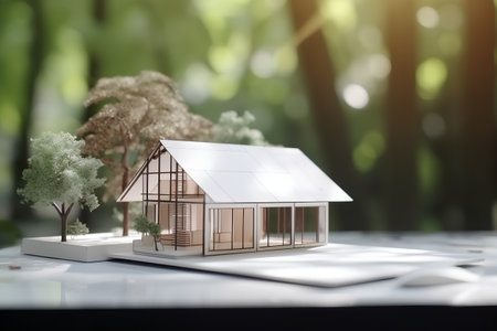 House model on the table with nature background. Real estate concept.の素材
