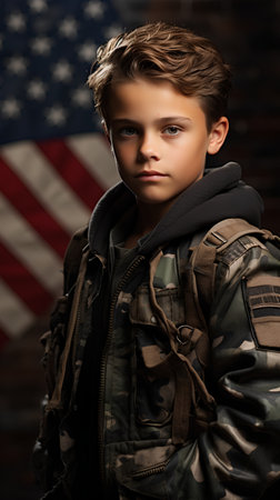 Portrait of a boy in a military uniform on the background of the American flag.の素材