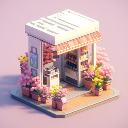Flower shop isometric view 3d render on a pink backgroundの素材