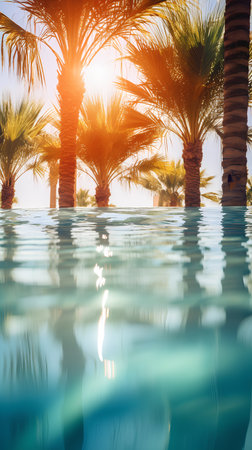 Beautiful palm trees in swimming pool with sun reflection. Vintage filterの素材