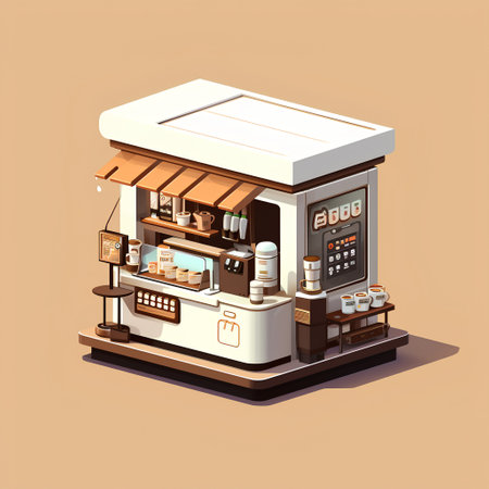 Coffee shop isometric vector illustration. Isometric coffee shop building with coffee machine.の素材