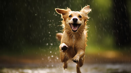 Golden retriever dog running in the rain on a rainy day.の素材