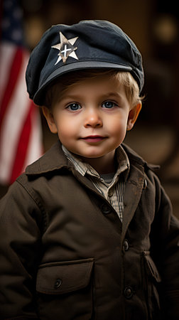 Portrait of a cute little boy in a military cap and jacket.の素材