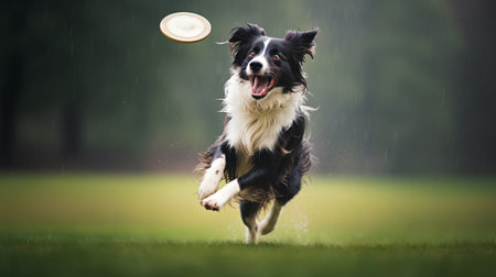 Funny portrait of cute smilling puppy border collie jumping in the rain. Pet care and animals concept.の素材