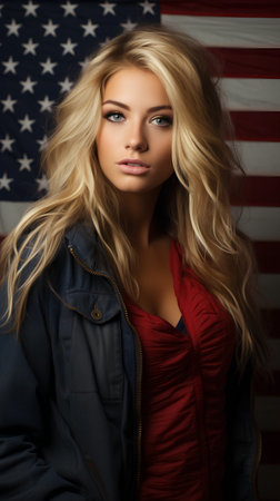 Portrait of a beautiful young blonde woman with long hair in a red jacket on the background of the American flag.の素材