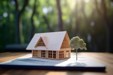 Real estate concept. House model with tree on wooden table. 3d renderの素材