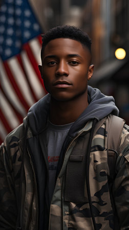 Portrait of young african american man wearing camouflage jacket and looking at camera while standing outdoors in New York Cityの素材