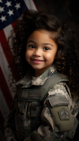 Portrait of a little African American girl in military uniform on a background of the American flagの素材