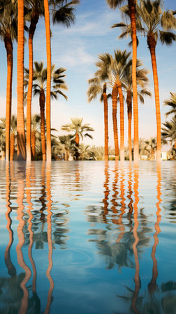 Palm trees reflected in the water of a lake at sunset.の素材