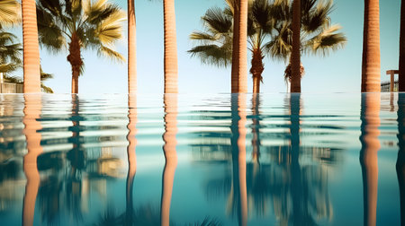 Tropical palm trees reflected in a swimming pool. 3d renderingの素材